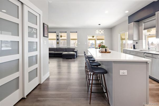 Interior, Kitchen, Pendant Lights, Recessed Lighting, Wood Texture Flooring