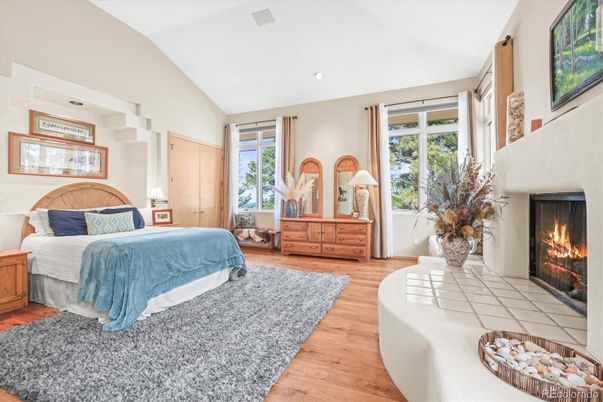 Bedroom, Fireplace, Interior, Recessed Lighting, Wood Texture Flooring