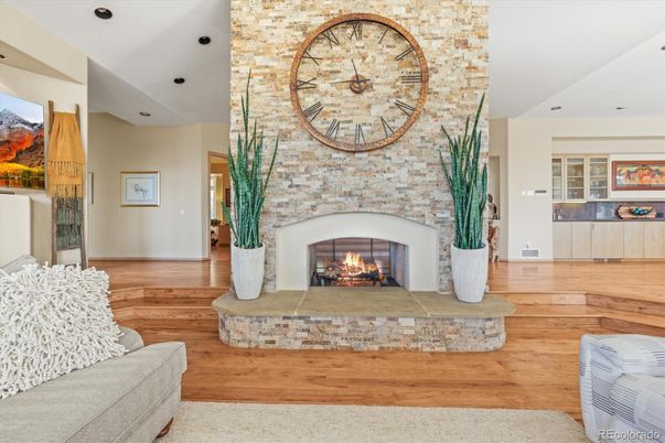 Fireplace, Interior, Recessed Lighting, Stone Walls, Wood Texture Flooring