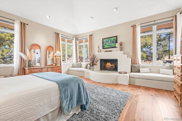 Bedroom, Fireplace, Interior, Recessed Lighting, Wood Texture Flooring