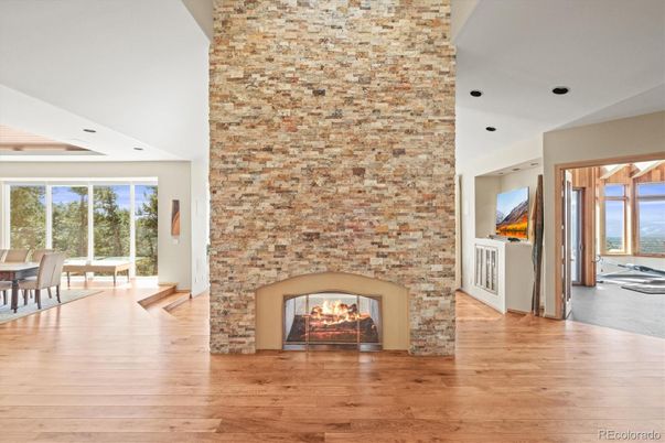 Dining room, Fireplace, Interior, Stone Walls, Wood Texture Flooring