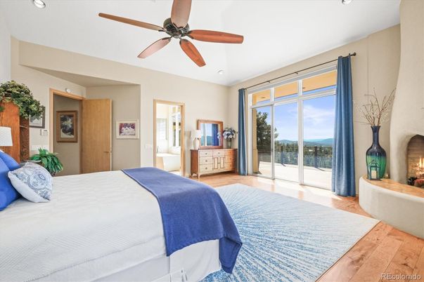 Bedroom, Fireplace, Interior, Recessed Lighting, Wood Texture Flooring