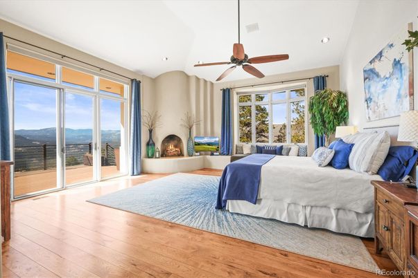 Bedroom, Fireplace, Interior, Recessed Lighting, Wood Texture Flooring