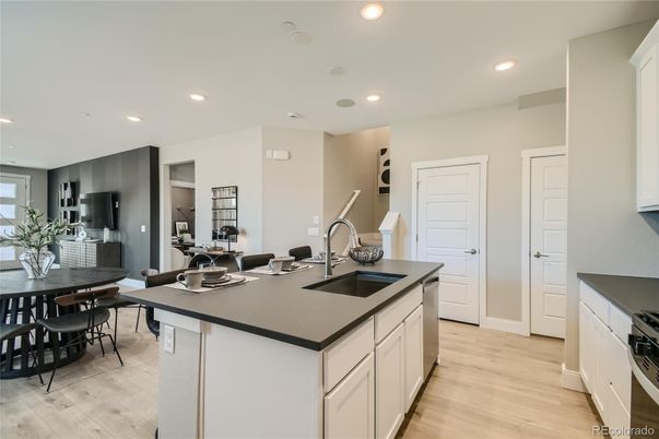 Dining room, Interior, Kitchen, Recessed Lighting, Wood Texture Flooring
