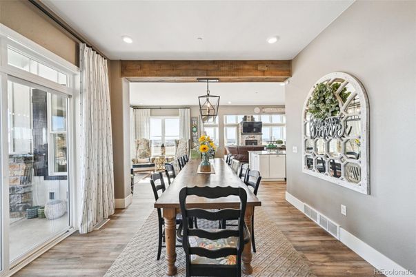Dining room, Interior, Pendant Lights, Recessed Lighting, Wooden Beams, Wood Texture Flooring
