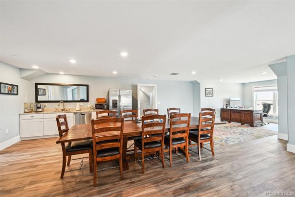 Dining room, Interior, Kitchen, Recessed Lighting, Stainless Steel Appliances, Wood Texture Flooring