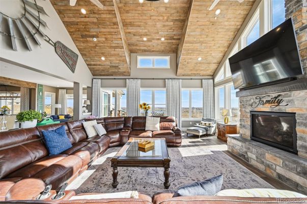 Fireplace, Interior, Living room, Recessed Lighting, Stone Walls, Wooden Beams, Wooden Ceilings, Wood Texture Flooring