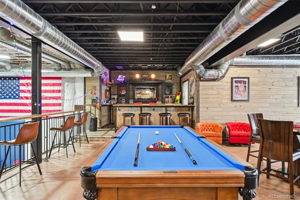 Billiard Table, Game Room, Interior, Recessed Lighting, Wooden Walls