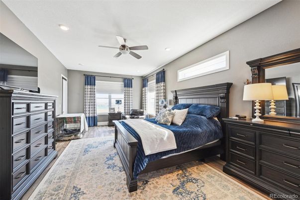 Bedroom, Interior, Recessed Lighting, Wood Texture Flooring