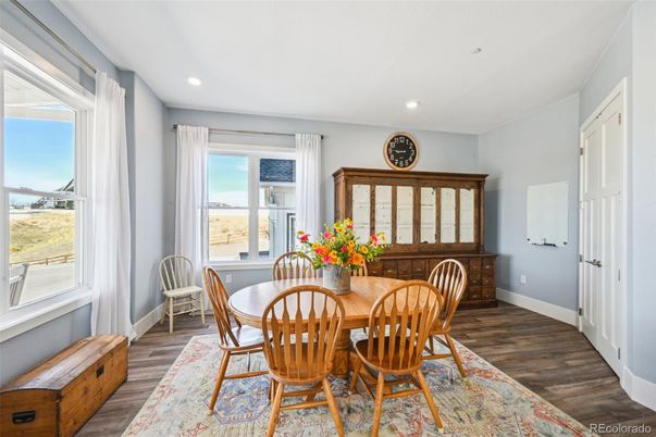 Dining room, Interior, Recessed Lighting, Wood Texture Flooring