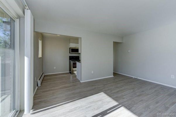 Empty room, Interior, Kitchen, Stainless Steel Appliances, Wood Texture Flooring