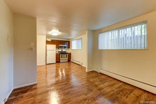 Empty room, Interior, Kitchen, Stainless Steel Appliances, Wood Texture Flooring