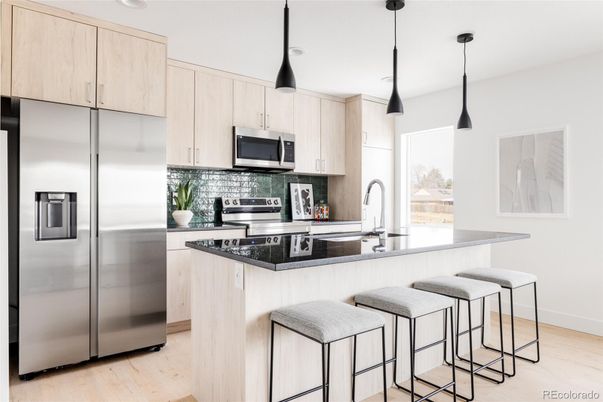 Interior, Kitchen, Pendant Lights, Recessed Lighting, Stainless Steel Appliances, Wood Texture Flooring