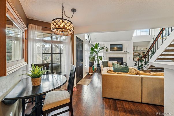 Dining room, Fireplace, Interior, Living room, Pendant Lights, Wood Texture Flooring