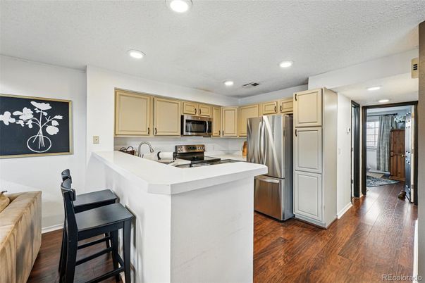 Interior, Kitchen, Recessed Lighting, Stainless Steel Appliances, Wood Texture Flooring