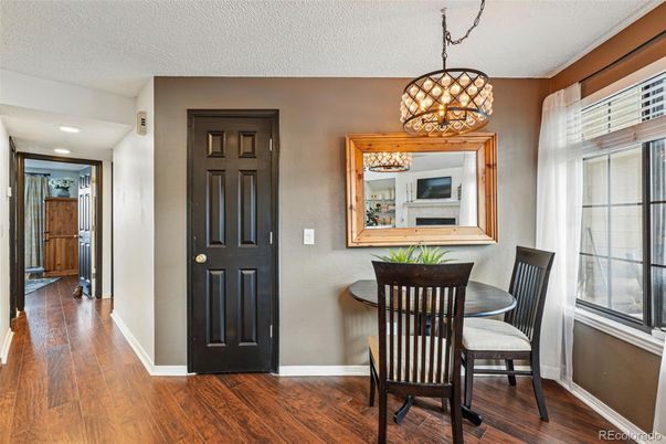 Dining room, Interior, Pendant Lights, Recessed Lighting, Wood Texture Flooring