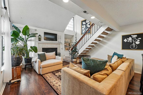Fireplace, Interior, Living room, Recessed Lighting, Wood Texture Flooring