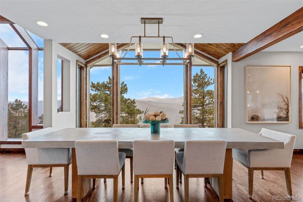 Dining room, Interior, Pendant Lights, Recessed Lighting, Wooden Beams, Wooden Ceilings, Wood Texture Flooring