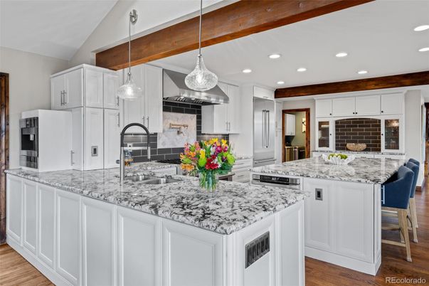 Interior, Kitchen, Pendant Lights, Recessed Lighting, Stainless Steel Appliances, Wooden Beams, Wood Texture Flooring