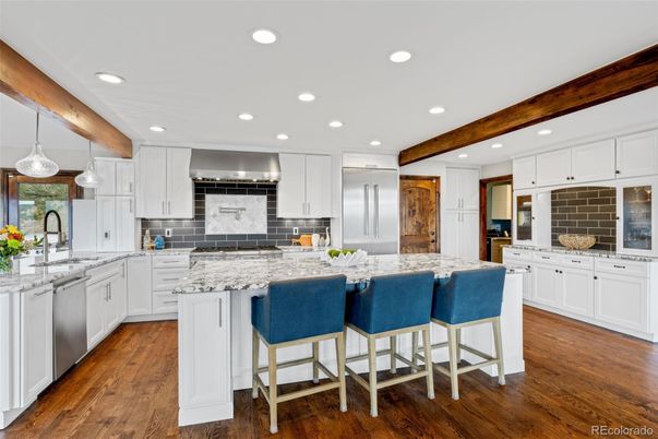 Interior, Kitchen, Pendant Lights, Recessed Lighting, Stainless Steel Appliances, Wooden Beams, Wood Texture Flooring