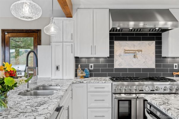 Interior, Kitchen, Pendant Lights, Stainless Steel Appliances, Wooden Beams
