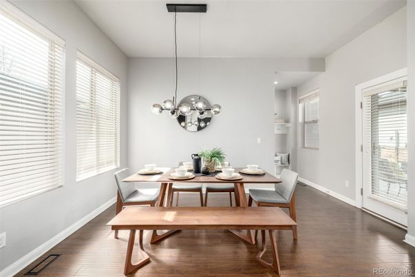 Dining room, Interior, Pendant Lights, Recessed Lighting, Wood Texture Flooring