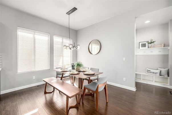 Dining room, Interior, Pendant Lights, Recessed Lighting, Wood Texture Flooring