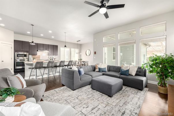 Dining room, Interior, Kitchen, Living room, Pendant Lights, Recessed Lighting, Stainless Steel Appliances, Wood Texture Flooring