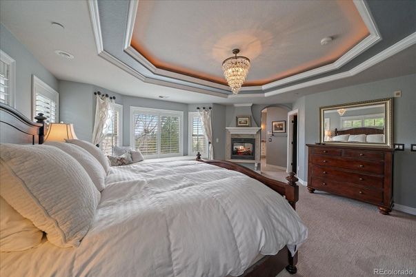 Bedroom, Chandelier, Fireplace, Interior
