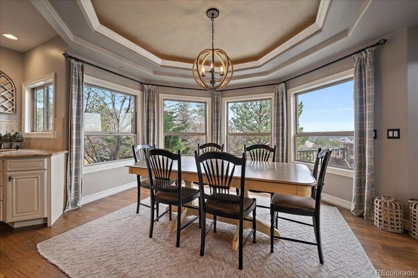 Dining room, Interior, Pendant Lights, Recessed Lighting, Wood Texture Flooring