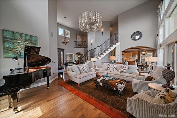 Chandelier, Interior, Living room, Pendant Lights, Piano, Wood Texture Flooring
