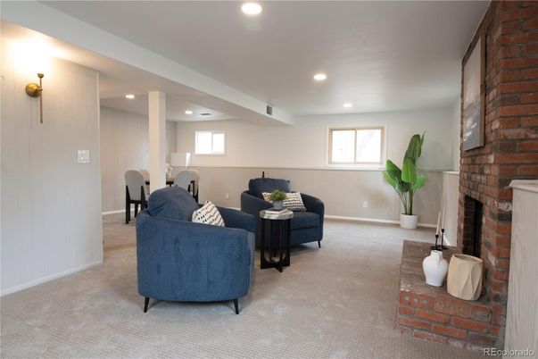 Fireplace, Interior, Living room, Recessed Lighting, Stone Walls