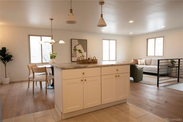 Dining room, Interior, Living room, Pendant Lights, Recessed Lighting, Wood Texture Flooring