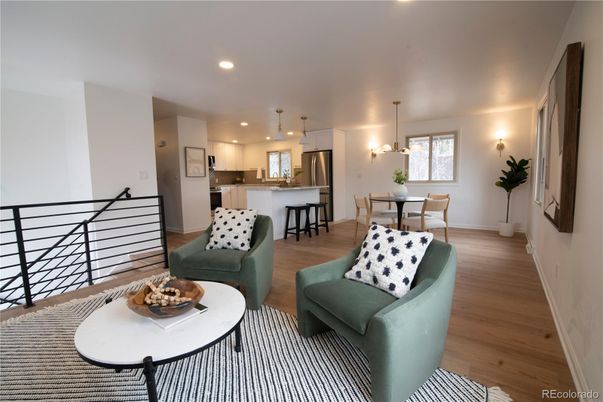 Dining room, Interior, Kitchen, Living room, Pendant Lights, Recessed Lighting, Stainless Steel Appliances, Wood Texture Flooring