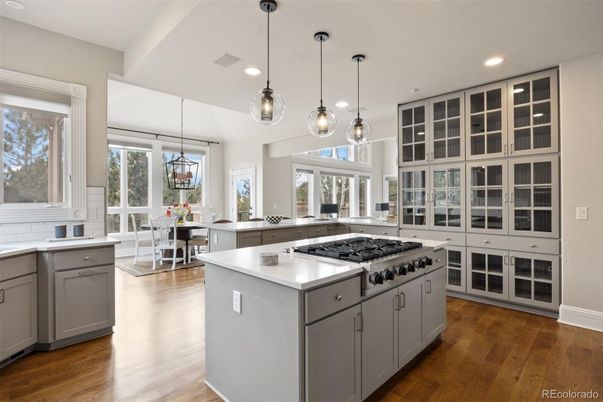 Dining room, Interior, Kitchen, Pendant Lights, Recessed Lighting, Wood Texture Flooring