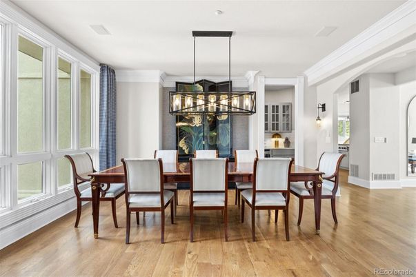 Dining room, Interior, Pendant Lights, Wood Texture Flooring