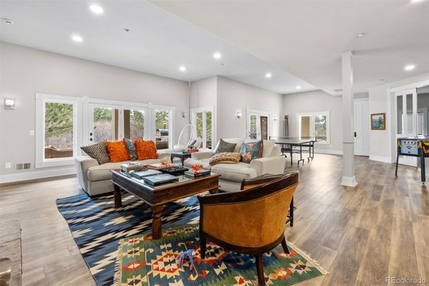 Dining room, Interior, Living room, Recessed Lighting, Wood Texture Flooring