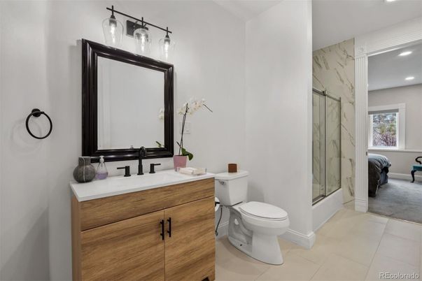 Bathroom, Glass Shower, Interior, Marble Walls, Recessed Lighting
