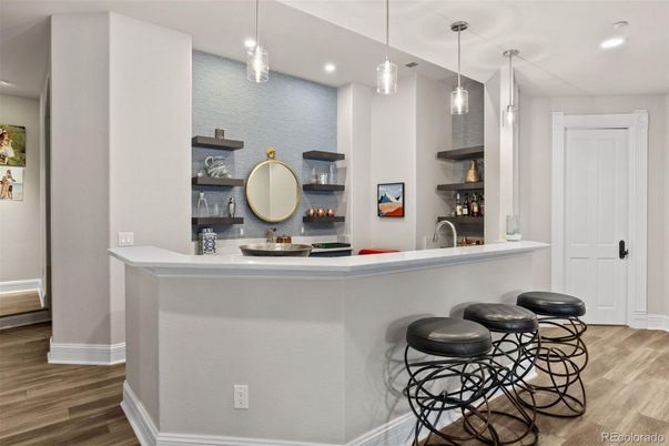 Fireplace, Interior, Pendant Lights, Recessed Lighting, Wood Texture Flooring