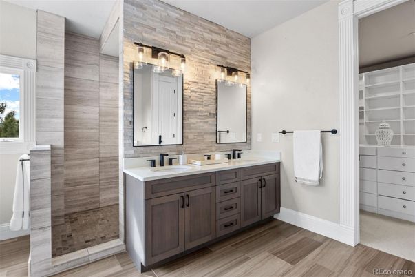 Bathroom, Dual Sink Vanities, Glass Shower, Interior, Wood Texture Flooring
