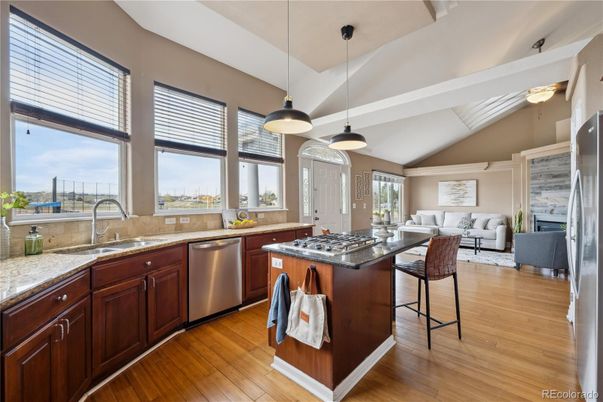 Interior, Kitchen, Living room, Pendant Lights, Stainless Steel Appliances, Wood Texture Flooring