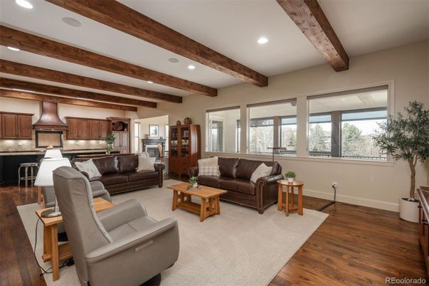 Interior, Kitchen, Living room, Recessed Lighting, Stainless Steel Appliances, Wooden Beams, Wood Texture Flooring