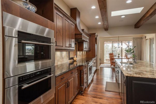 Interior, Kitchen, Recessed Lighting, Stainless Steel Appliances, Wooden Beams, Wood Texture Flooring