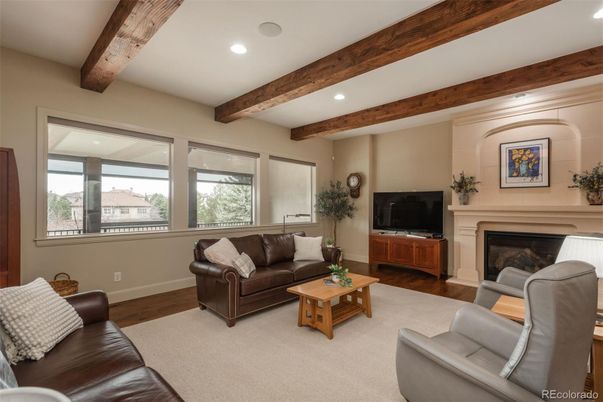 Fireplace, Interior, Living room, Recessed Lighting, Wooden Beams, Wood Texture Flooring
