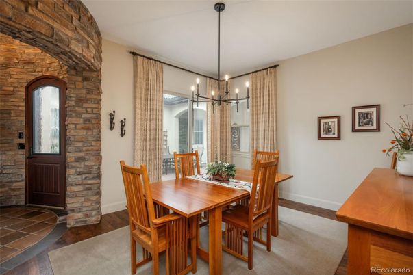 Chandelier, Dining room, Interior, Pendant Lights, Stone Walls, Wood Texture Flooring