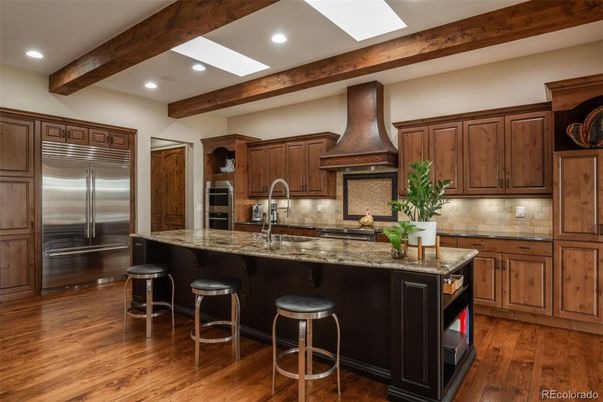 Interior, Kitchen, Recessed Lighting, Stainless Steel Appliances, Wooden Beams, Wood Texture Flooring