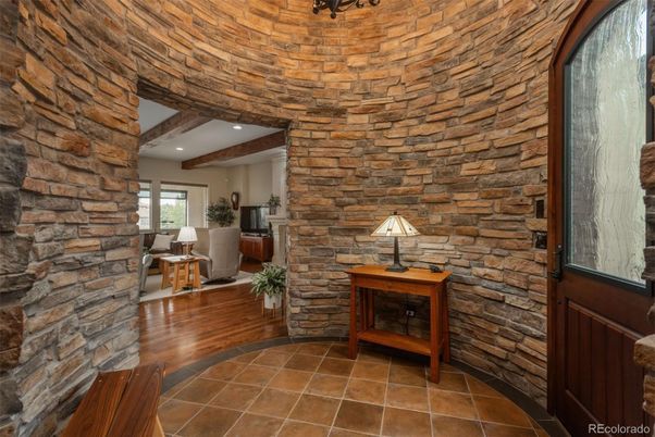 Interior, Recessed Lighting, Stone Walls, Wooden Beams, Wood Texture Flooring