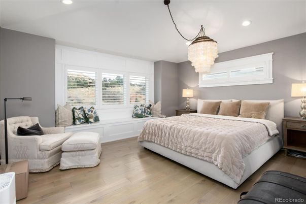 Bedroom, Chandelier, Interior, Recessed Lighting, Wood Texture Flooring