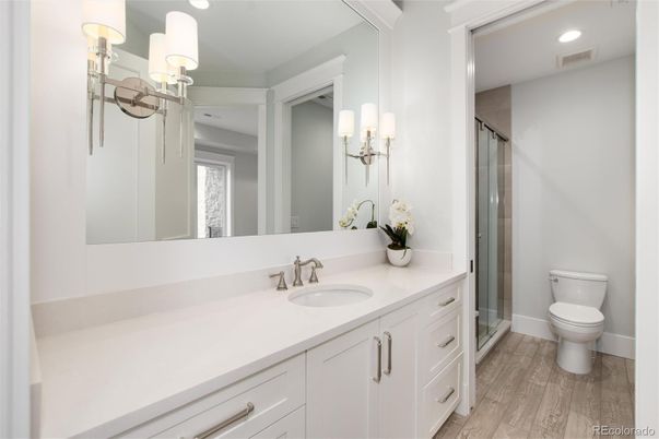 Bathroom, Glass Shower, Interior, Recessed Lighting, Wood Texture Flooring