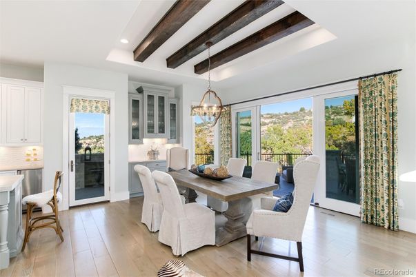 Chandelier, Dining room, Interior, Pendant Lights, Recessed Lighting, Wooden Beams, Wood Texture Flooring